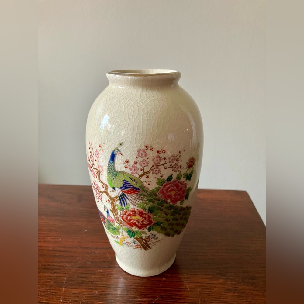 Vintage Floral Peacock Japanese Ceramic Vase